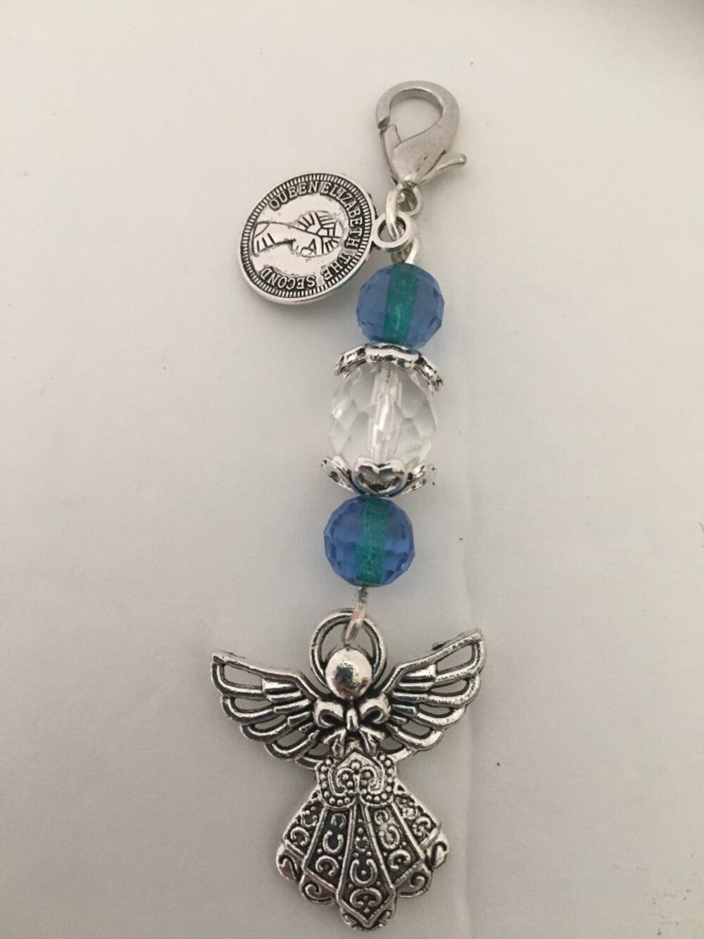 Angel Clip Charm with Blue Beads & Queen Elizabeth II Coin